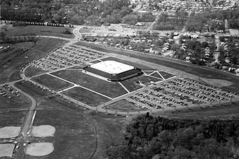 a black and white aerial photo of the Winthrop Coliseum and surrounding area taken
                              in 1988