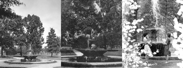 black and white photo collage of the fountain throughout history