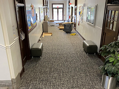 New black and white patterned carpet in Kinard Hall