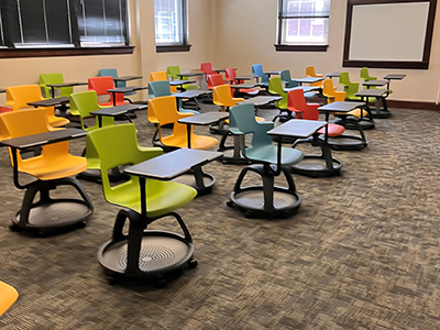 Colorful desks and chairs in Kinard