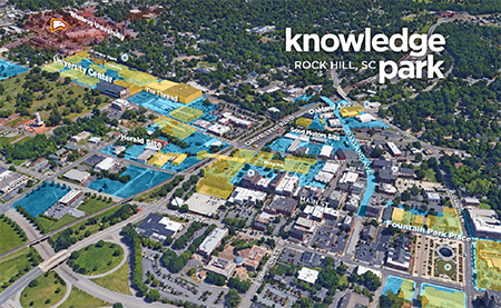 an aerial photograph of downtown Rock Hill and Winthrop University with major roads
                     and landmarks highlighted