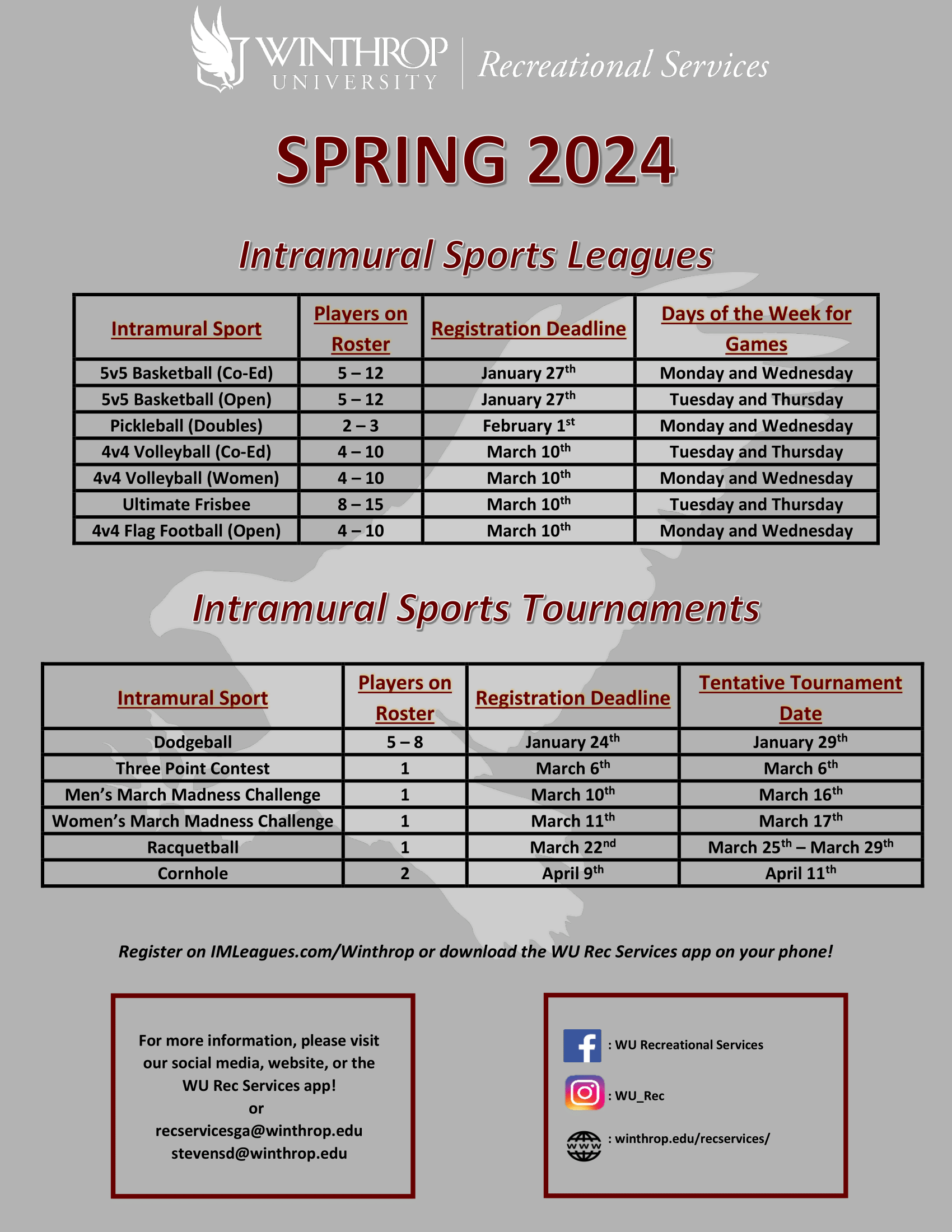 Spring 2024 Intramural Sports schedule