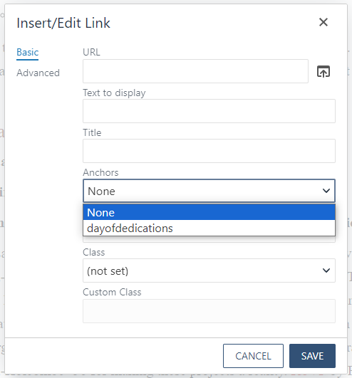 screenshot showing the anchors dropdown inside the insert/edit hyperlink textbox